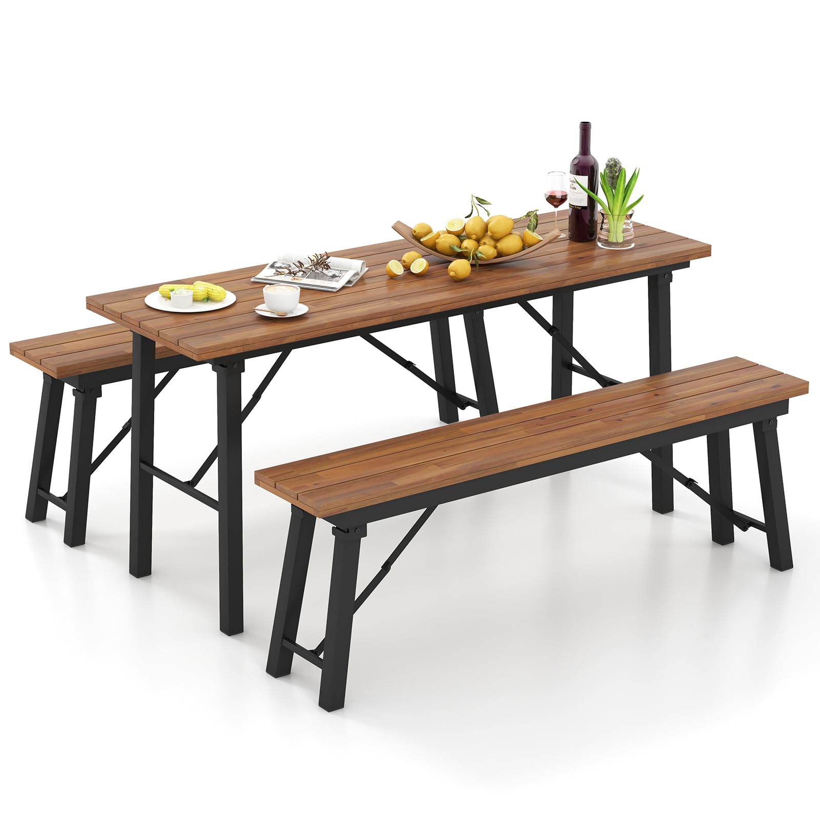 Table à manger d'extérieur Tangkula avec bancs pour 4 à 6 personnes, aucun assemblage requis